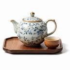 Vintage Blue Floral Ceramic Tea Set with Wooden Tray