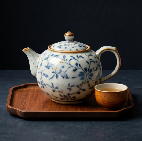 Vintage Blue Floral Ceramic Tea Set with Wooden Tray