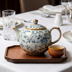 Vintage Blue Floral Ceramic Tea Set with Wooden Tray