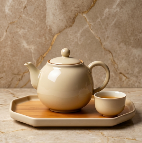 Minimalist Cream Ceramic Tea Set with Bamboo Tray