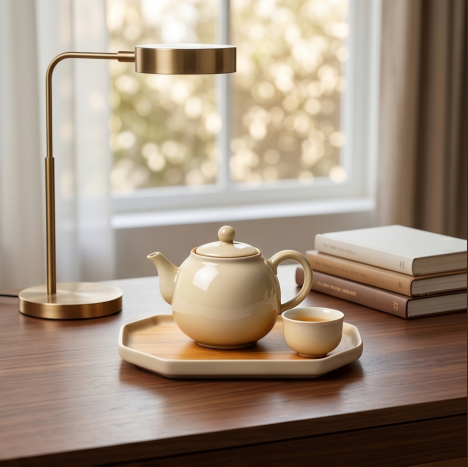 Minimalist Cream Ceramic Tea Set with Bamboo Tray