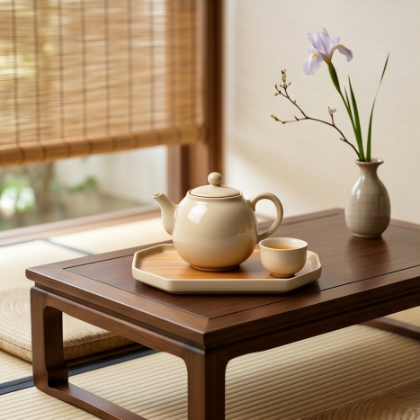 Minimalist Cream Ceramic Tea Set with Bamboo Tray