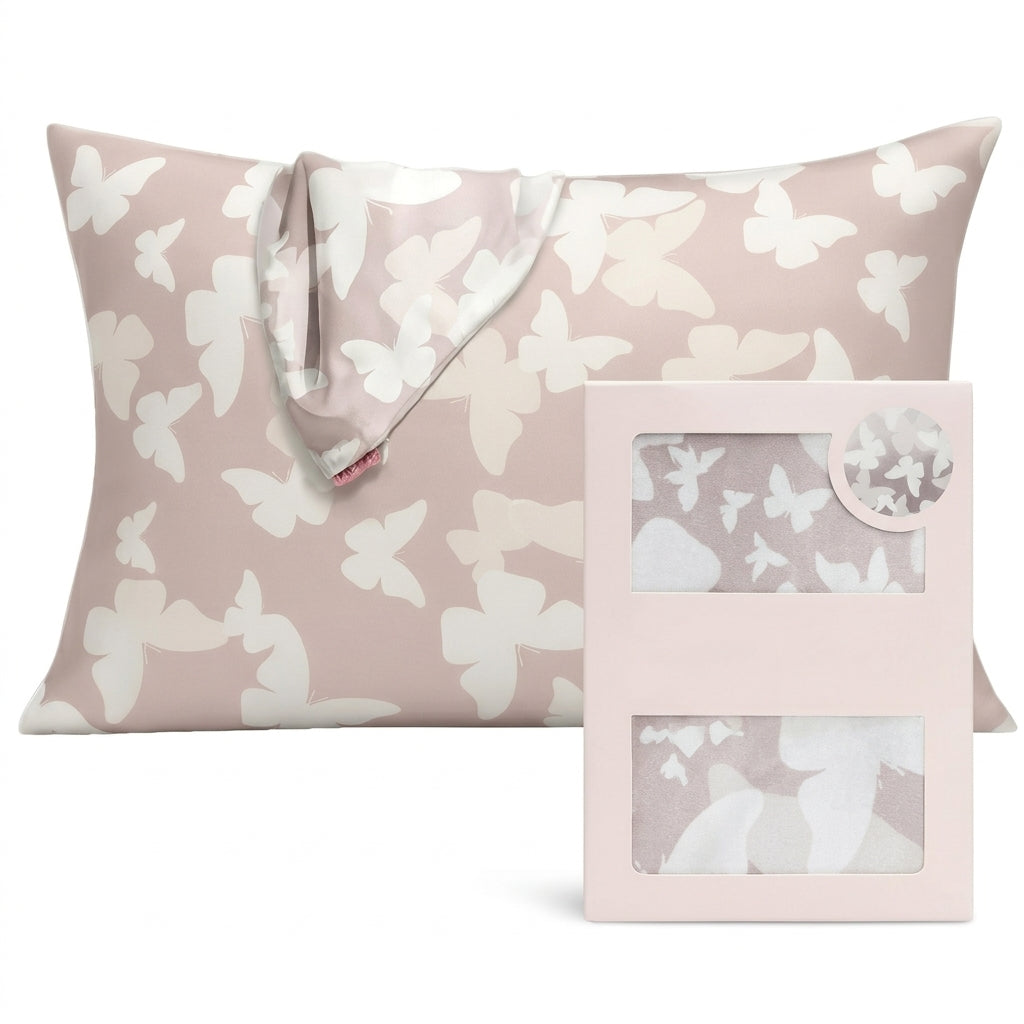 Blush Butterfly Pure Mulberry Silk Pillowcase with Gift Box