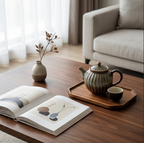 Rustic Fluted Ceramic Tea Set with Wooden Tray