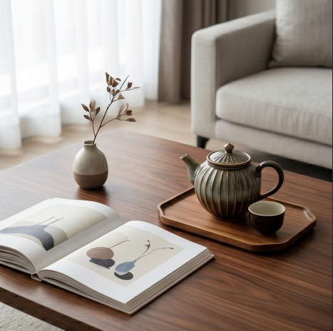 Rustic Fluted Ceramic Tea Set with Wooden Tray