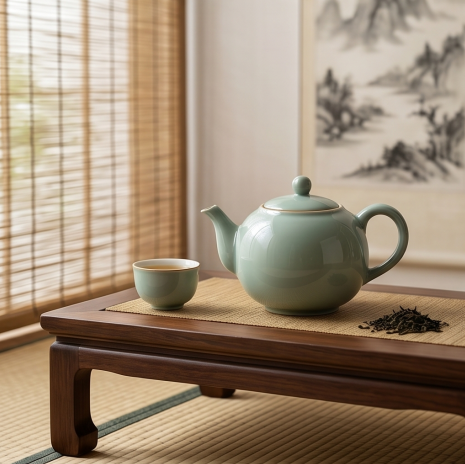 Classic Celadon Green Ceramic Teapot and Cup Set
