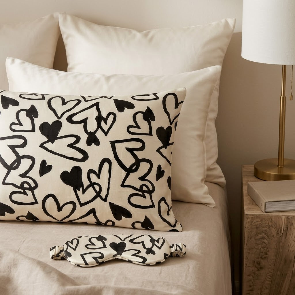 Black and White Doodle Hearts Pure Mulberry Silk Pillowcase with Gift Box