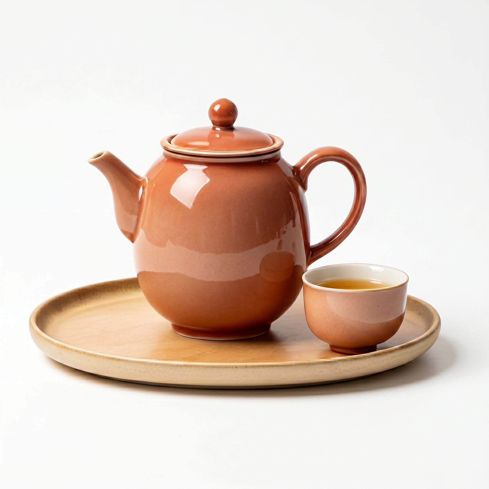 Terracotta Coral Ceramic Tea Set with Matte Sand Tray