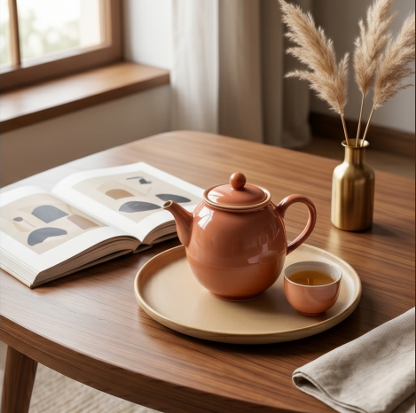 Terracotta Coral Ceramic Tea Set with Matte Sand Tray