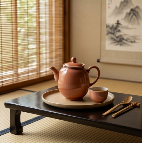 Terracotta Coral Ceramic Tea Set with Matte Sand Tray