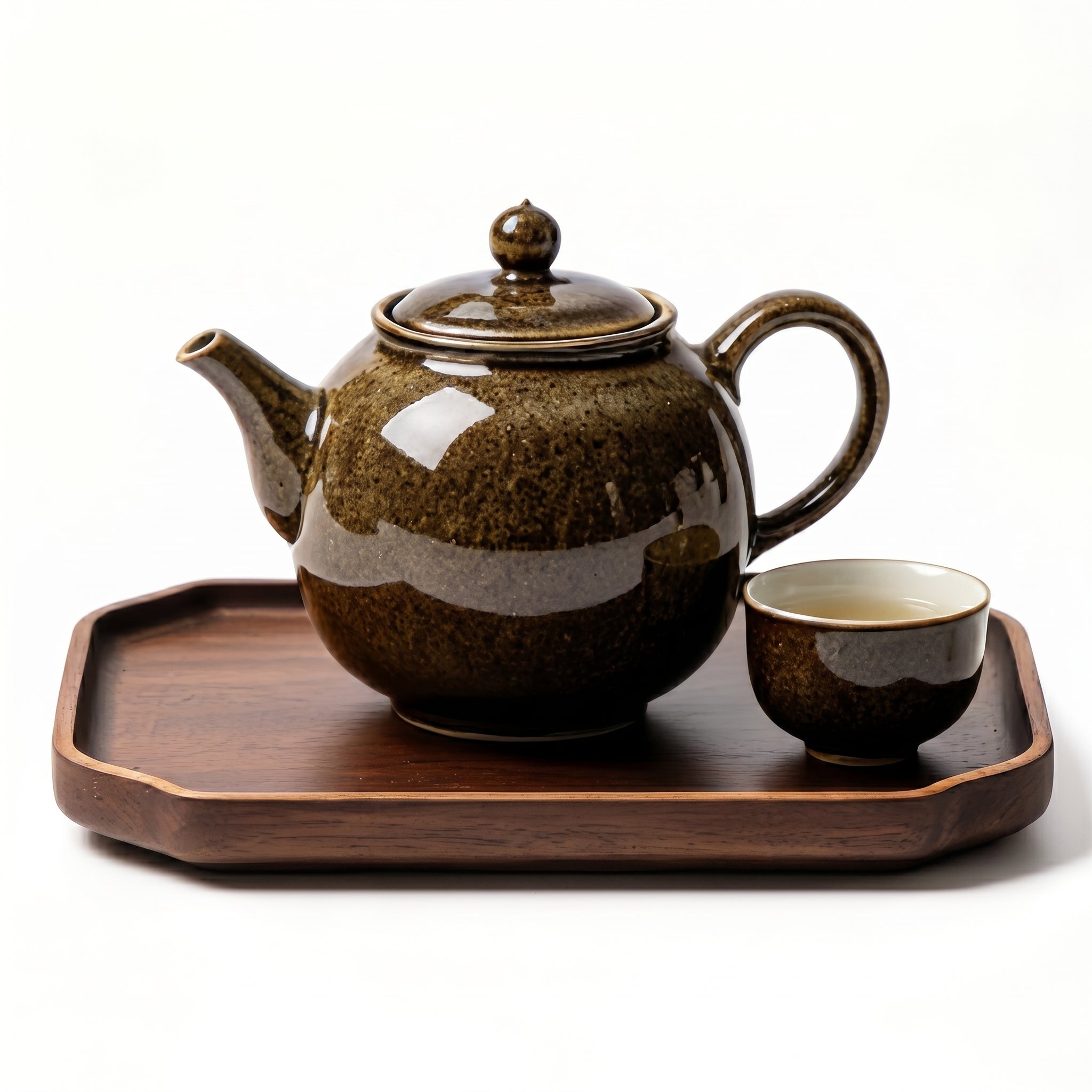 Amber Mottled Ceramic Tea Set with Dark Walnut Tray