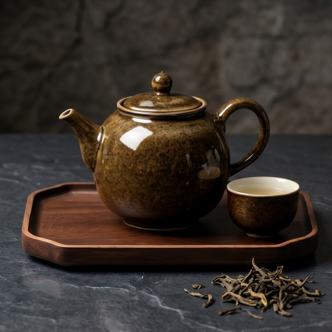 Amber Mottled Ceramic Tea Set with Dark Walnut Tray