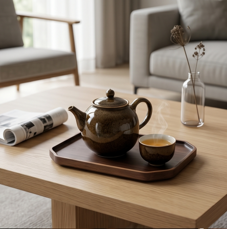 Amber Mottled Ceramic Tea Set with Dark Walnut Tray