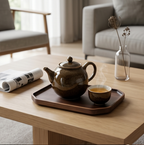 Amber Mottled Ceramic Tea Set with Dark Walnut Tray