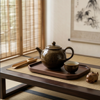 Amber Mottled Ceramic Tea Set with Dark Walnut Tray