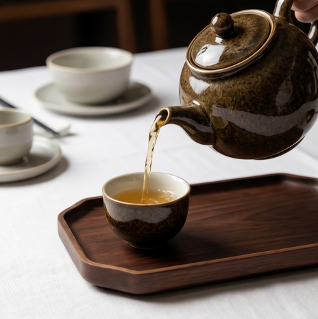 Amber Mottled Ceramic Tea Set with Dark Walnut Tray