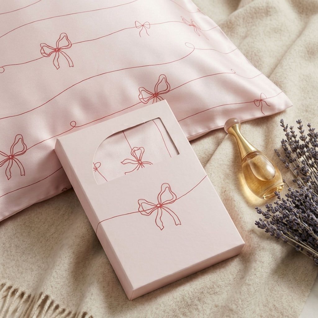 Red Bows on Pink Pure Mulberry Silk Pillowcase with Gift Box