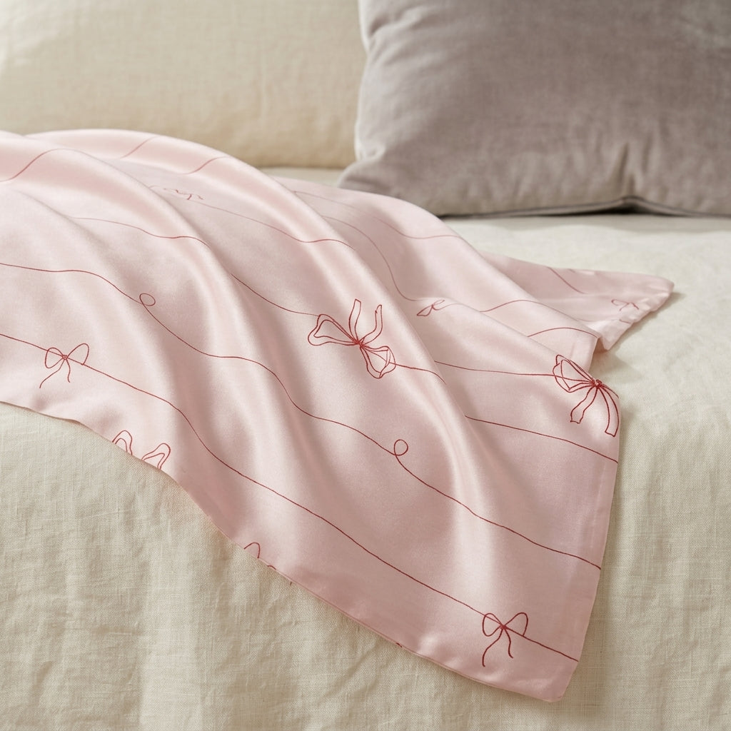 Red Bows on Pink Pure Mulberry Silk Pillowcase with Gift Box