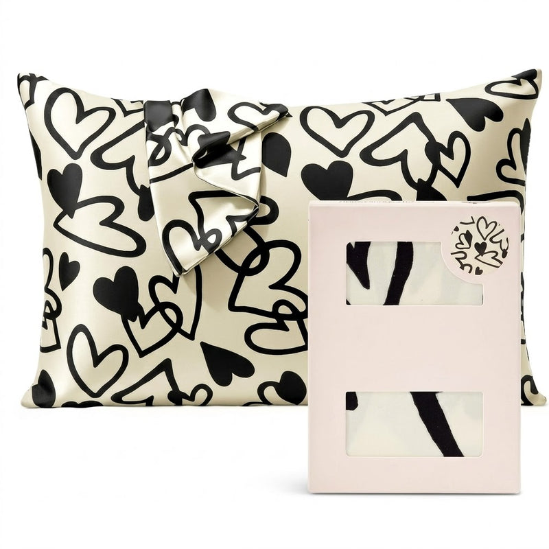 Black and White Doodle Hearts Pure Mulberry Silk Pillowcase with Gift Box