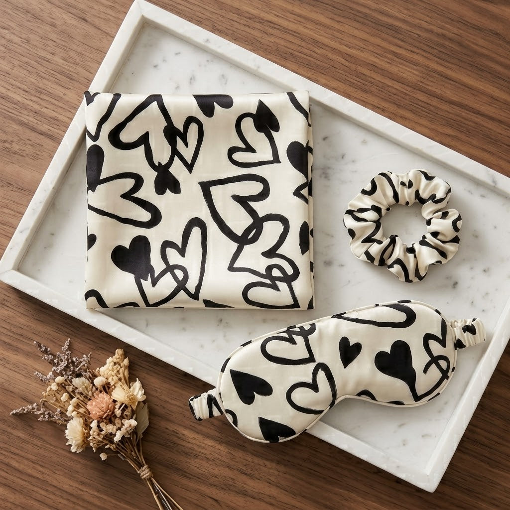 Black and White Doodle Hearts Pure Mulberry Silk Pillowcase with Gift Box