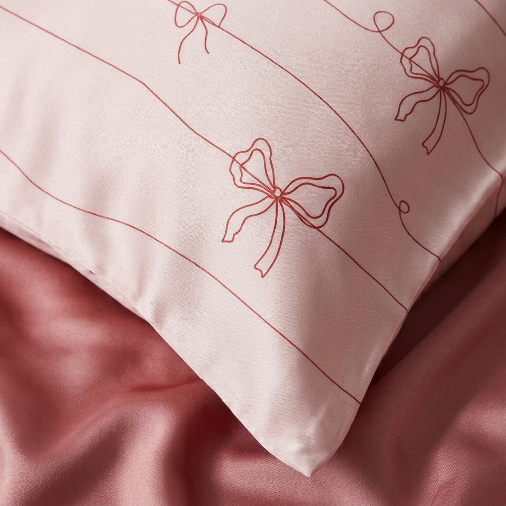 Red Bows on Pink Pure Mulberry Silk Pillowcase with Gift Box